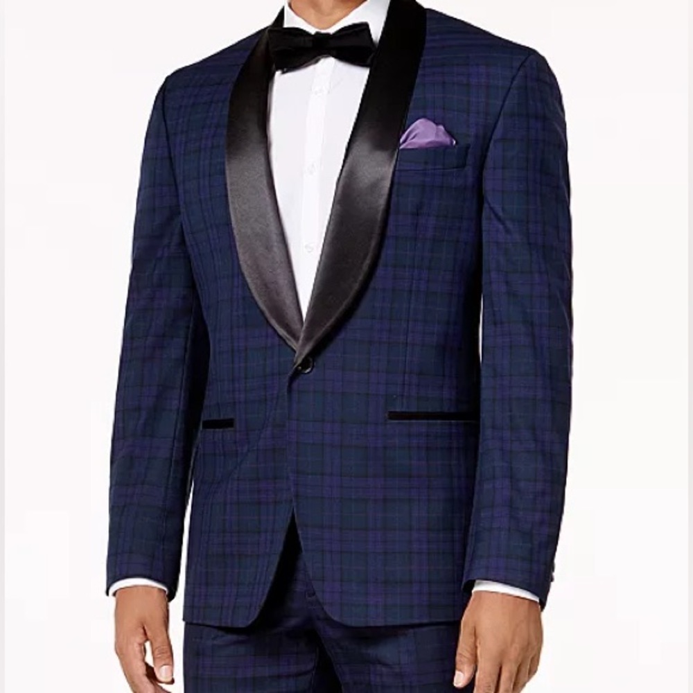 Sean John Men's Classic-Fit Blue, Black & Purple Plaid Stretch Tuxedo‎ Ja…